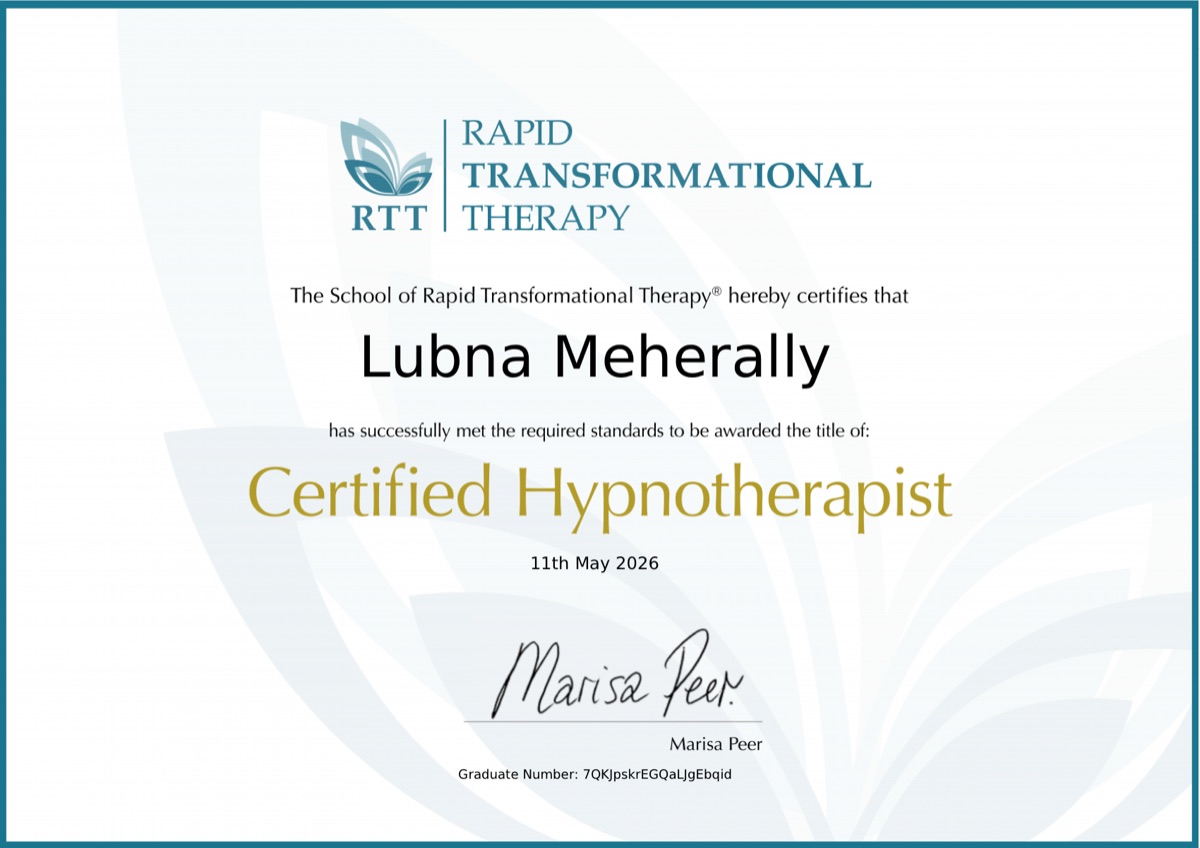 Certified Hypnotherapist certificate awarded to Lubna Meherally by Marisa Peer