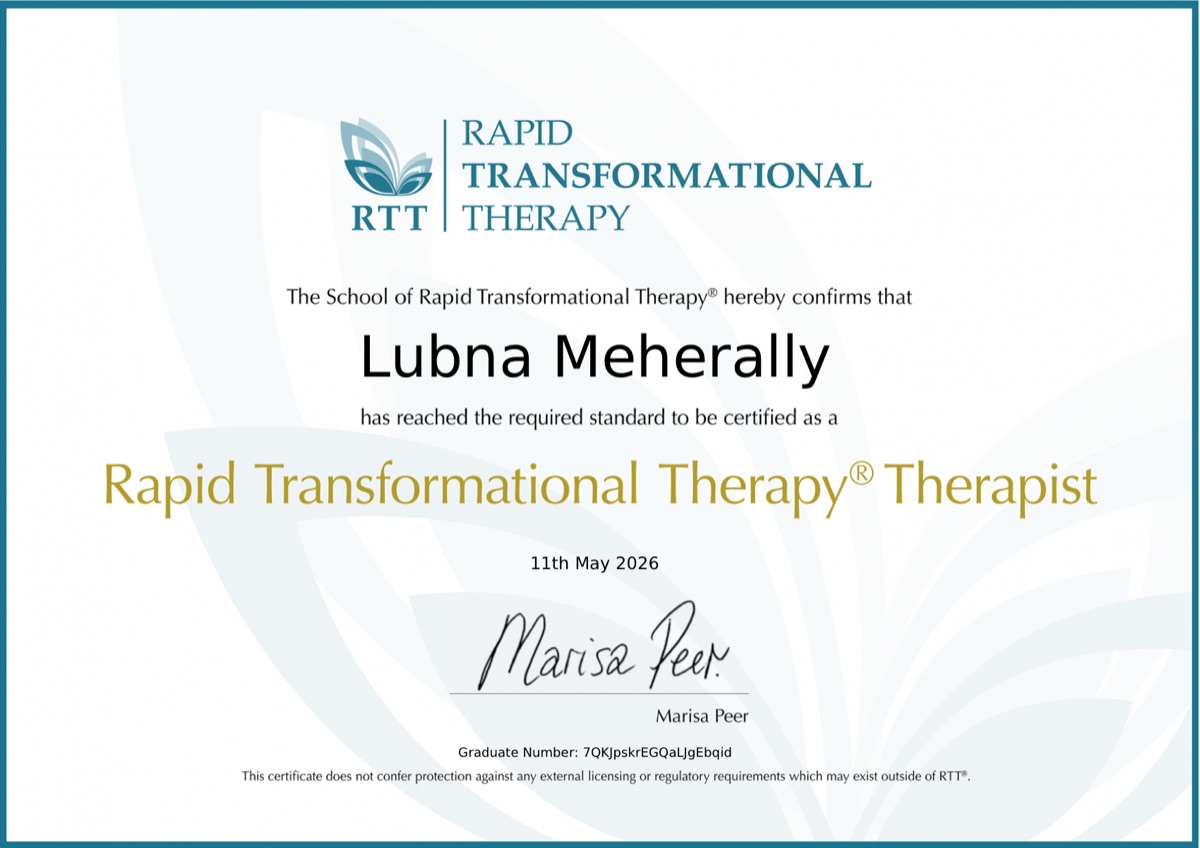 Rapid Transformational Therapy Therapist certificate awarded to Lubna Meherally by Marisa Peer